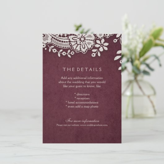 Bourgogne kant rustieke bruiloft details kaart (Staand voorkant)