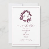 Bourgogne Leafy Crest Monogram Save the Date Kaart (Voorkant)