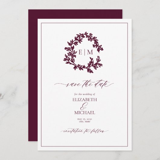 Bourgogne Leafy Crest Monogram Save the Date Kaart (Voorkant / Achterkant)