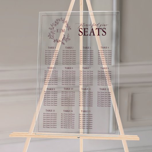 Bourgogne Leafy Crest Monogram Trouwstoelen Acryl Bord