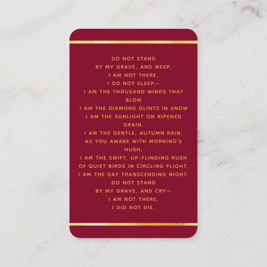 Bourgogne licht foto kruis begrafenis gebedskaart visitekaartje (Achterkant)