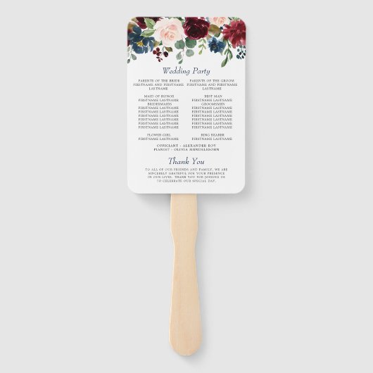 Bourgogne Marine Blauw Blush Bloemen Bruiloft Prog Handwaaier (Achterkant)