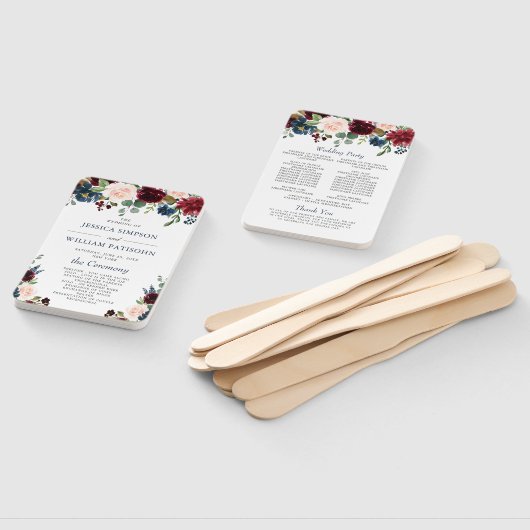 Bourgogne Marine Blauw Blush Bloemen Bruiloft Prog Handwaaier (Niet-gemonteerd)