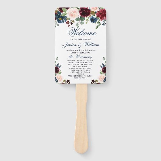 Bourgogne Marine Blauw Blush Bloemen Bruiloft Prog Handwaaier (Voorkant)