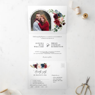 Bourgogne Marine Blauw Blush Bloemen Foto Bruiloft Drieluik Aankondiging