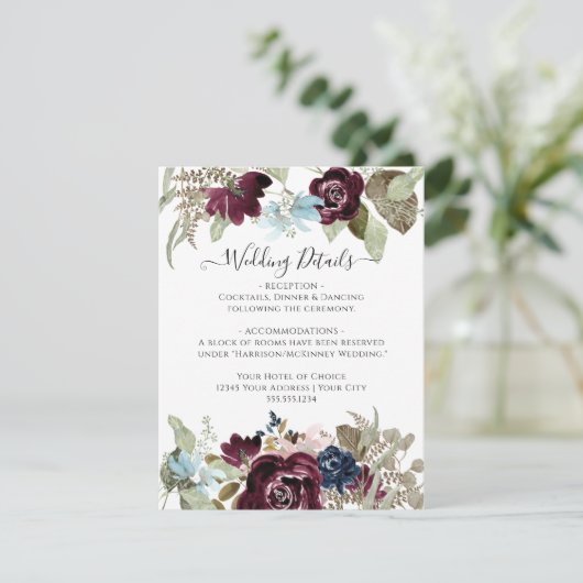 Bourgogne Marine Bloemen Elegante Herfst Bruiloft Kaart (Staand voorkant)