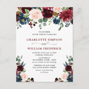 Bourgogne Marine Blush Floral Wedding Invitations