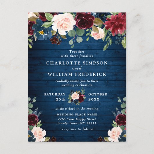 Bourgogne Marine Blush Floral Wedding Invitations (Devant)