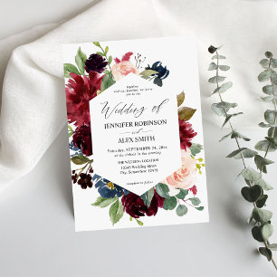 Bourgogne & marine, blush roze Floral Wedding Kaart