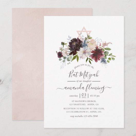 Bourgogne, marine en Blush Bat Mitzvah Kaart (Voorkant / Achterkant)