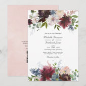 Bourgogne, marine en blush Floral QR Code Weddensc Kaart (Voorkant / Achterkant)