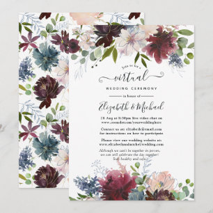 Bourgogne, marine en Blush Floral Virtual Wedding Kaart