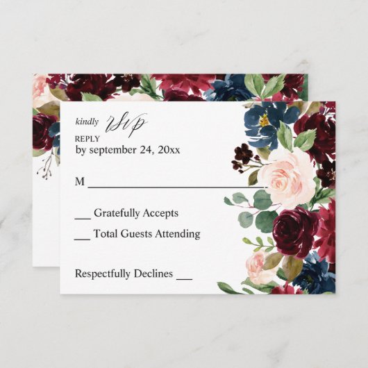 Bourgogne & Marine, Roze Bloemen geen Maaltijd RSV RSVP Kaartje (Voorkant / Achterkant)