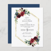 Bourgogne, marjoor en blush floral bruiloft-uitnod (Voorkant / Achterkant)