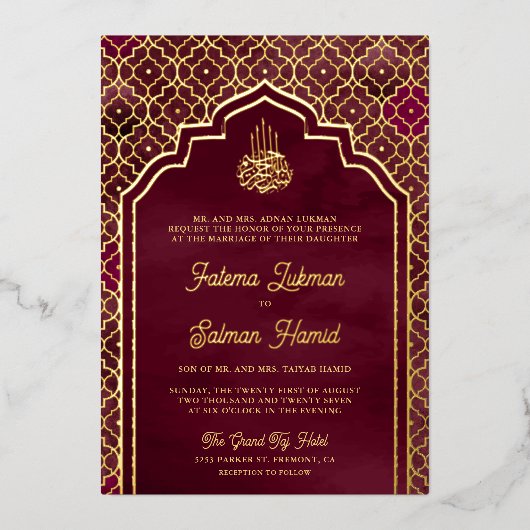 Bourgogne Marokkaanse Arch Moslim Bruiloft Goud Folie Uitnodiging (Voorkant)