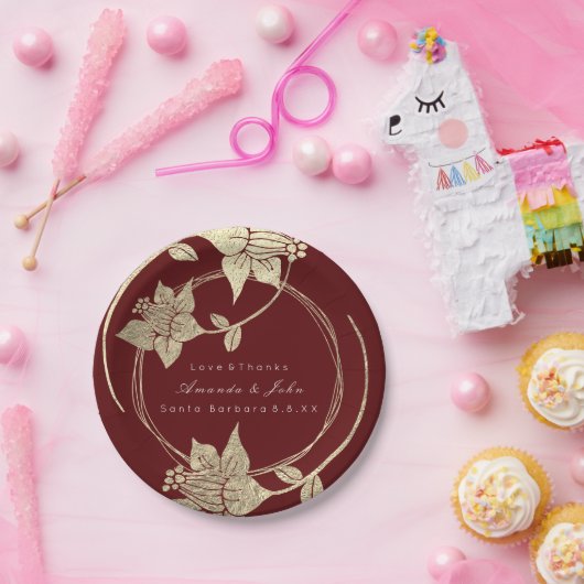 Bourgogne Maroon Bruiloft Gouden Bloemen Krans Vak Papieren Bordje (Feest)