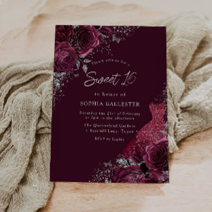 Bourgogne Maroon, Zilveren Jurk & Bloemen Zoet 16 Kaart