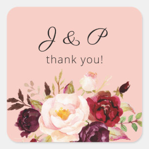 Bourgogne Marsala en Blush Floral Monogram Roze 2 Vierkante Sticker