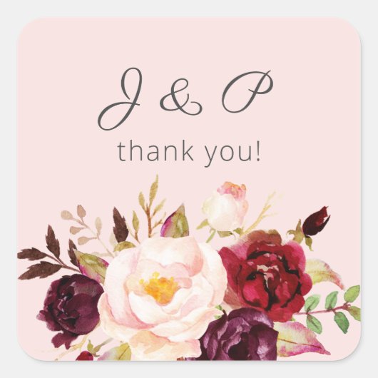 Bourgogne Marsala en Blush Floral Monogram - Roze Vierkante Sticker (Voorkant)