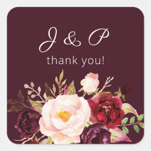 Bourgogne Marsala en Blush Floral Monogram Vierkante Sticker