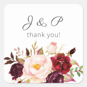 Bourgogne Marsala en Blush Floral Monogram - Wit Vierkante Sticker