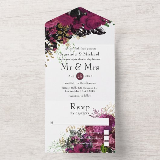  Bourgogne - Marsala en Gold Wedding All In One Uitnodiging (Binnen)