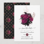 Bourgogne - Marsala en Roos Gold Floral Wedding Save The Date (Voorkant / Achterkant)