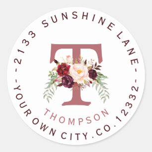 Bourgogne Marsala Floral Circulaire Étiquette de a