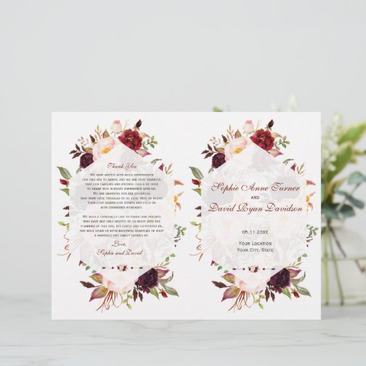 Bourgogne Marsala Floral Programme de mariage géom (Debout devant)