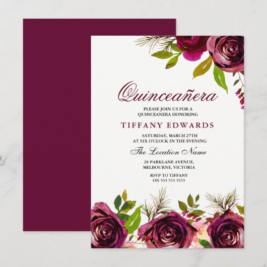 Bourgogne Marsala Floral Quinceañera Invitation (Devant / Derrière)
