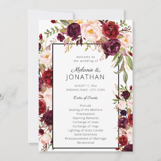 Bourgogne Marsala Floral Wedding Programme Blanc (Devant)