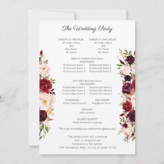 Bourgogne Marsala Floral Wedding Programme Blanc (Dos)