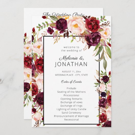 Bourgogne Marsala Floral Wedding Programme Blanc (Devant / Derrière)