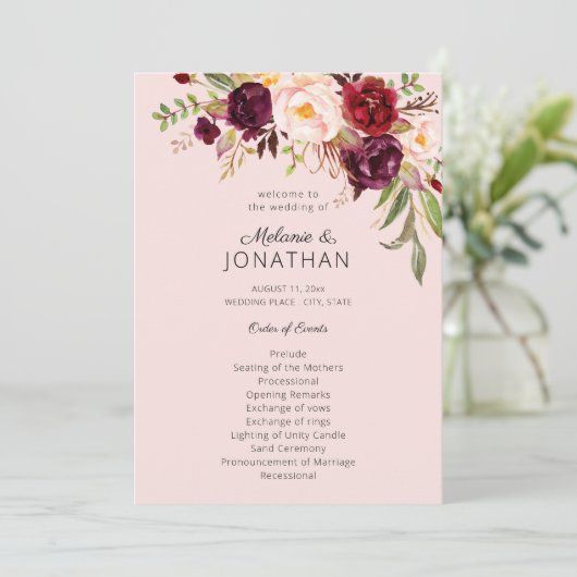 Bourgogne Marsala Floral Wedding Programme Rose V2 (Debout devant)