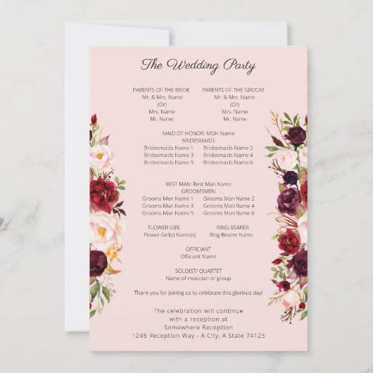 Bourgogne Marsala Floral Wedding Programme Rose V2 (Dos)