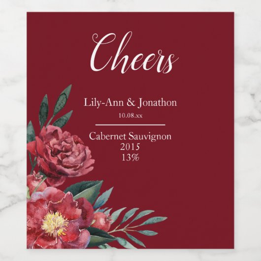 Bourgogne Marsala Herfst Bloemenbruiloft Wijn Etiket (Enkel label)