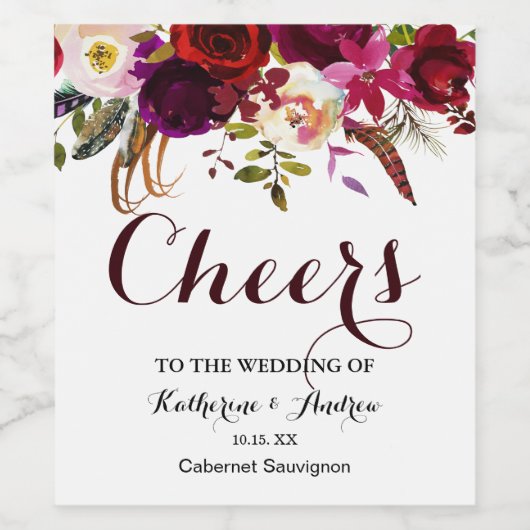 Bourgogne Marsala Red Boho Bloemen Proost Bruiloft Wijn Etiket (Enkel label)