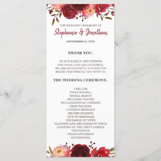 Bourgogne Marsala Red Roses Programme de mariage f