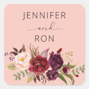 Bourgogne Marsala & Roze Bloemen Naam - Roze 2 Vierkante Sticker