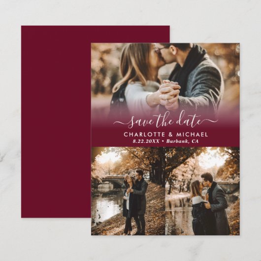 Bourgogne Moderne Trouwfoto Sla de datumkaarten op Aankondiging (Voorkant / Achterkant)