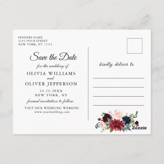 Bourgogne Navy Blauw Blush Bruiloft Save the Date Briefkaart (Achterkant)