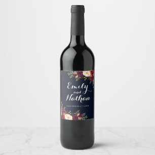 Bourgogne Navy Bloemen Herfst Bruiloft Wijn Label Etiket