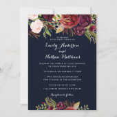 Bourgogne Navy Bloemen Lente Huwelijksuitnodiging Kaart (Voorkant)