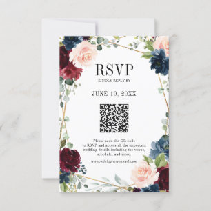 Bourgogne Navy Blush Boho Geometrische bruiloft QR RSVP Kaartje