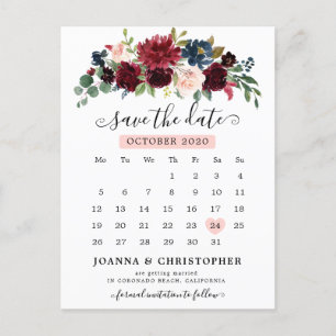 Bourgogne Navy Blush Floral Save the Date Briefkaart