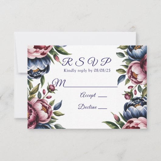 Bourgogne Navy Blush Peony Wedding RSVP Kaartje (Voorkant)