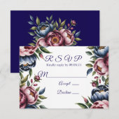 Bourgogne Navy Blush Peony Wedding RSVP Kaartje (Voorkant / Achterkant)
