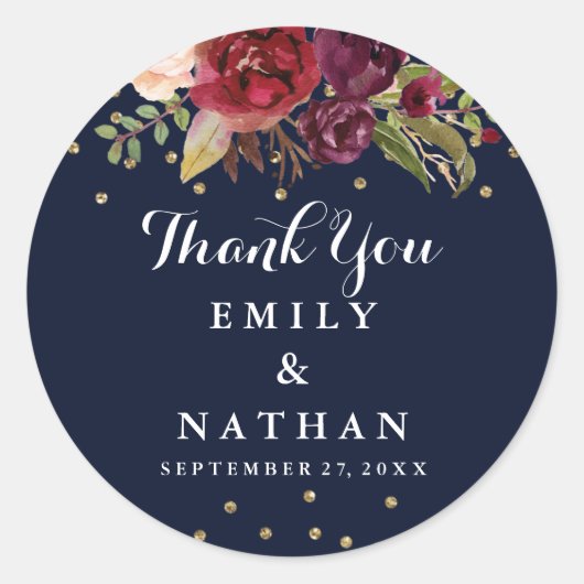 Bourgogne Navy Floral Dank u bruiloft Sticker (Voorkant)