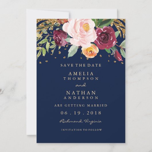 Bourgogne Navy Floral Glitter Save the Date (Voorkant)