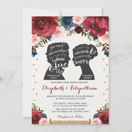 Bourgogne Navy Gold Floral Jane Austen bruiloft Kaart (Voorkant)